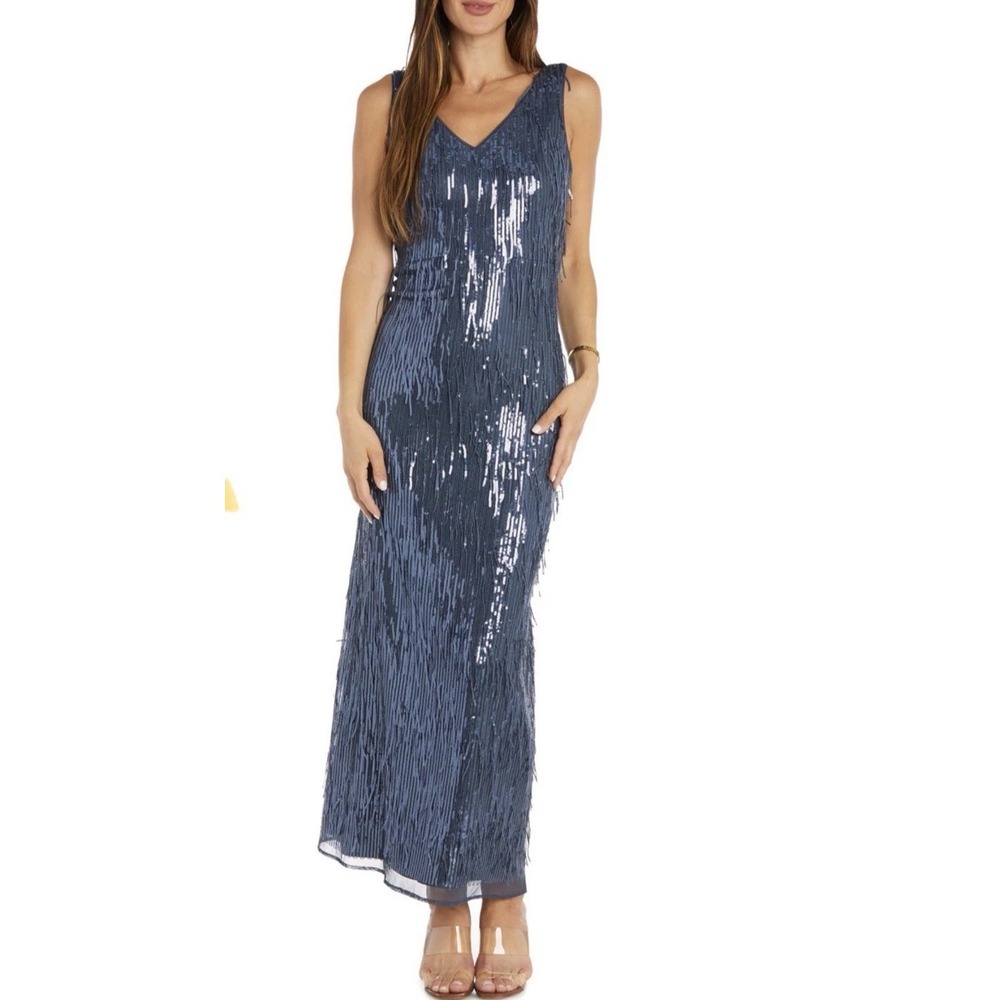 R&M Richards Gunmetal Blue Maxi Length Sleeveless Sequin Fringe Gown Size 14